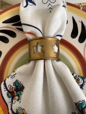 Six Vintage Brass Holiday Napkin Rings